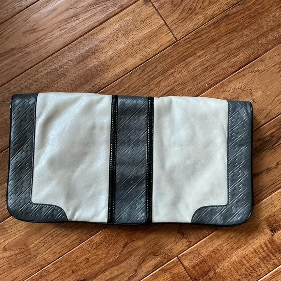 L.A.M.B Metallic Leather Carlisle Foldover Convertible Clutch, Ivory and Gray - Picture 4 of 11
